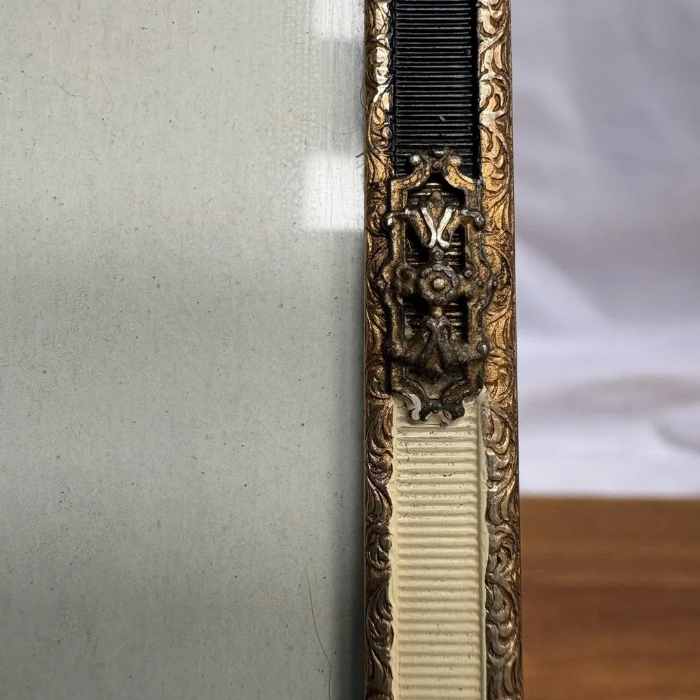 Vintage Brass Tone 5x7 Picture Frame Black & White Ribbon Trim Glass Easel Back